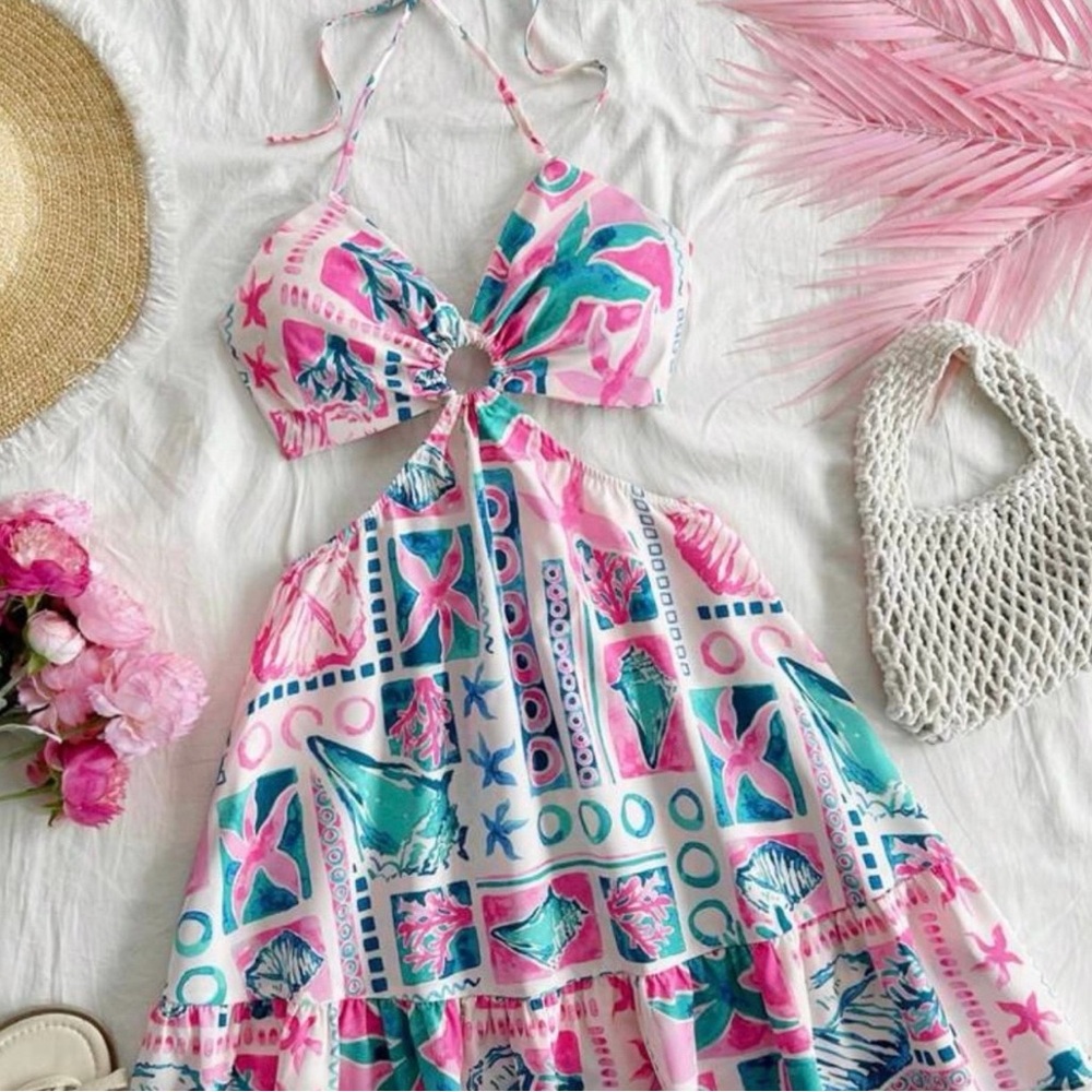 SHEIN Pink Teal Cutout Halter Mini Dress